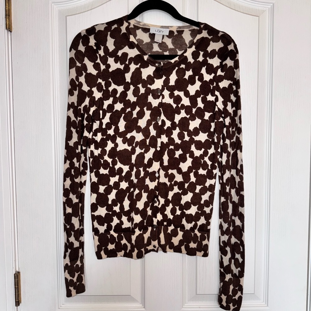 Loft Women’s Cream and Brown Leopard Polka Dot Cardigan Sweater Merino Wool Sz M